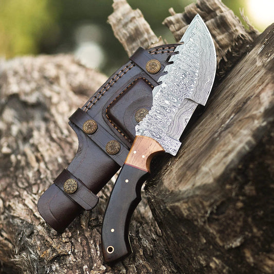 REAPTRACK Damascus Survival Knife – 10" Handmade Tracker Blade with Sheath (Brown)