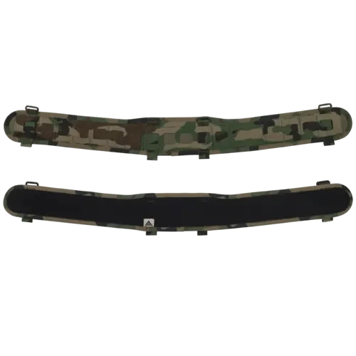 Woodland camo belt sleeve featuring MOLLE support and contoured liner