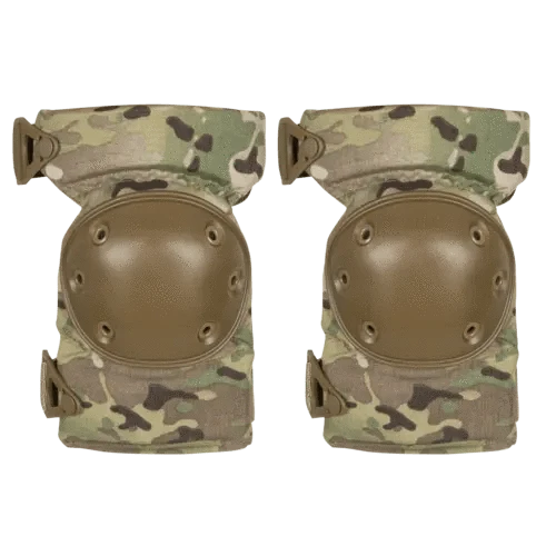 Multicam tactical knee pads with brown caps and rugged camo padding