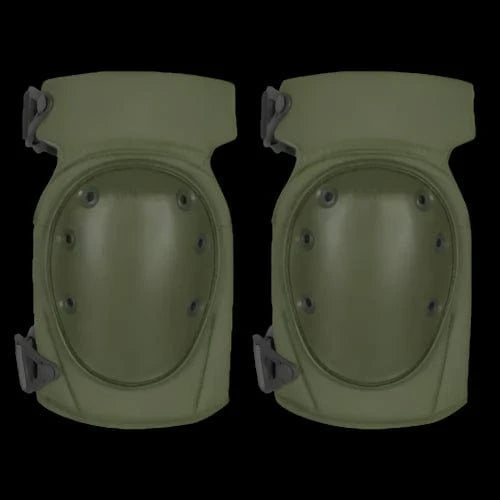 Olive tactical knee pads with contoured shell and adjustable strap system
