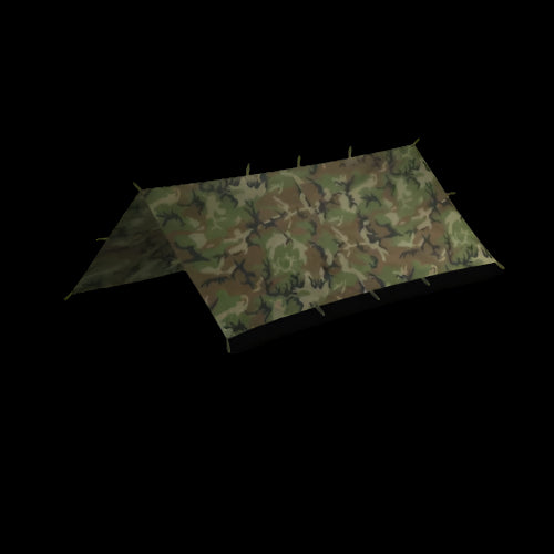 camo tarp pitched in tactical A-frame mode for forest concealment