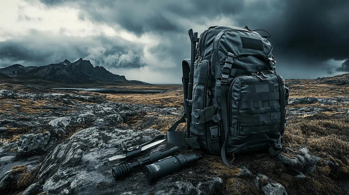 Tactical survival backpack with flashlight and knife on rocky mountain terrain