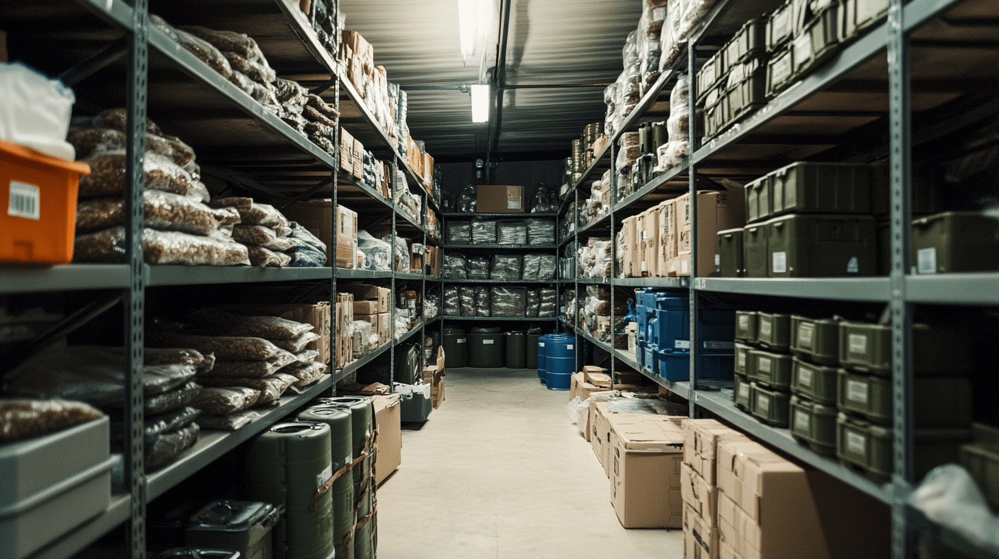Warehouse interior with shelves stocked with boxes and supplies