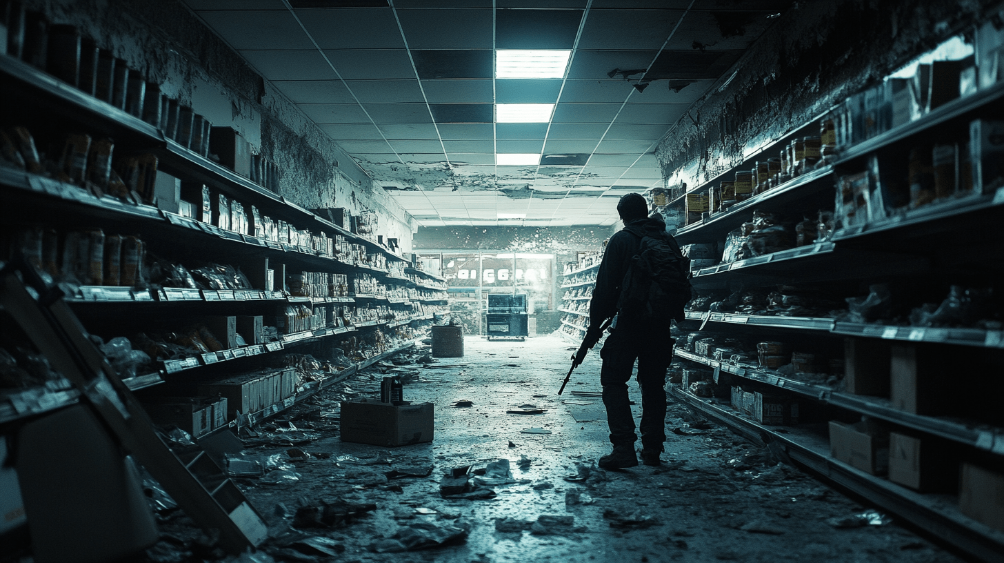 Person holding a gun in a dark, abandoned warehouse with shelves and debris.