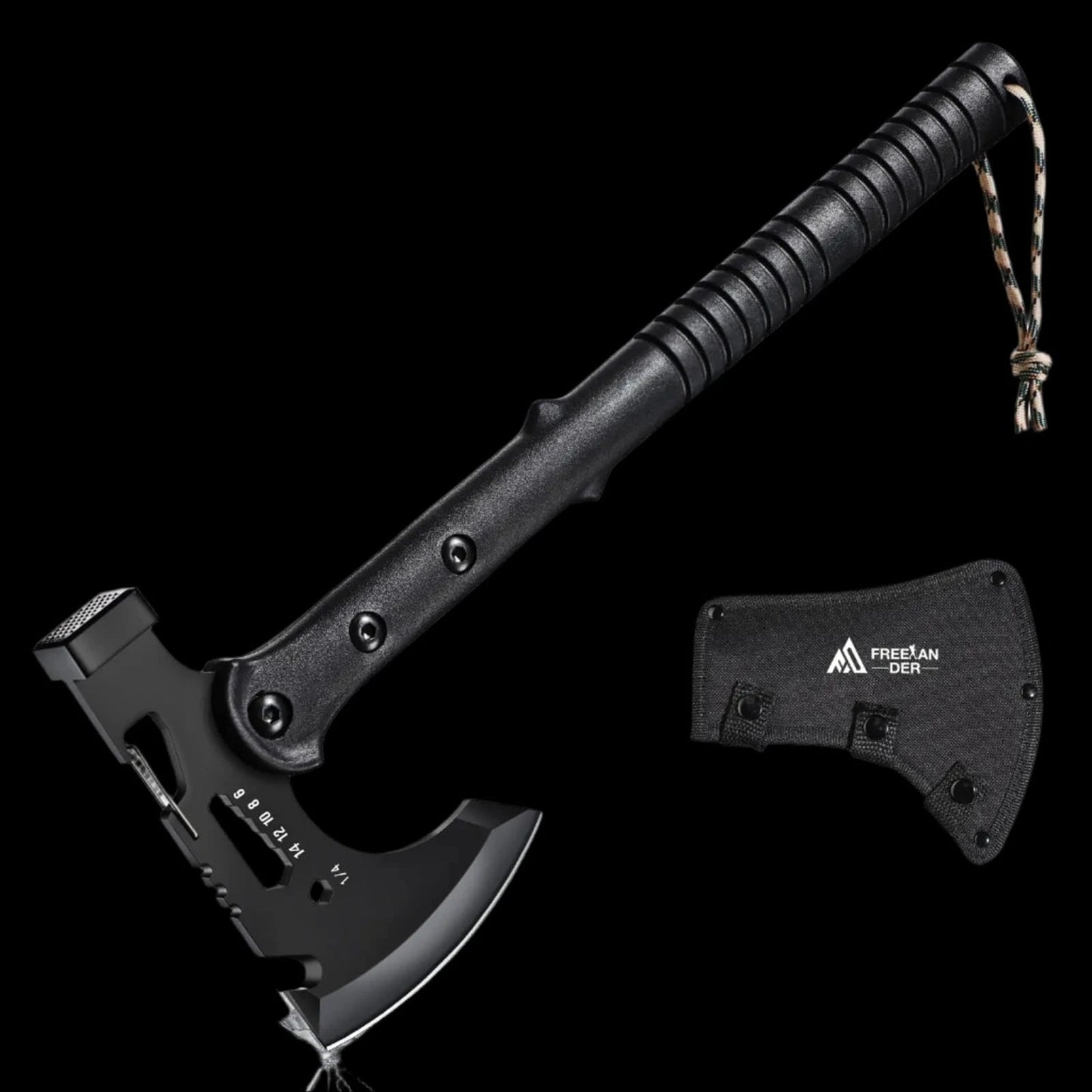 Freelander tactical tomahawk with sheath, black survival axe with hammer and bottle opener