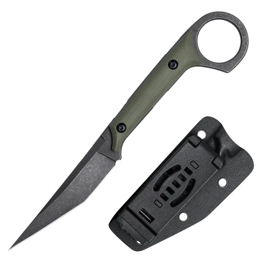 WIDOWFANG Compact D2 Utility Knife – Fixed Blade EDC with G10 Handle and Kydex Sheath (Green)