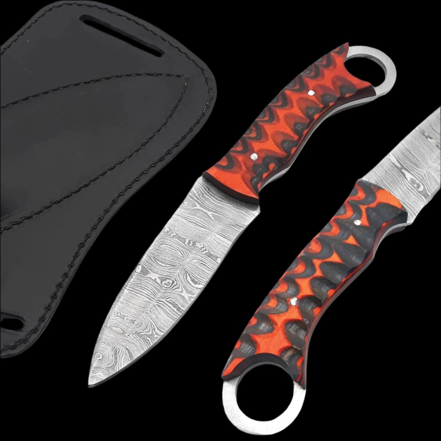 BLACKTOOTH S1 Damascus Bushcraft Knife with Leather Sheath