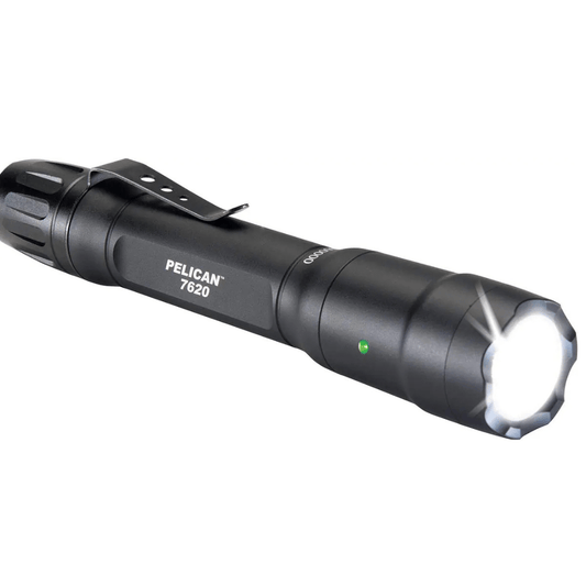 Pelican 7620 tactical LED flashlight in matte black finish, front view