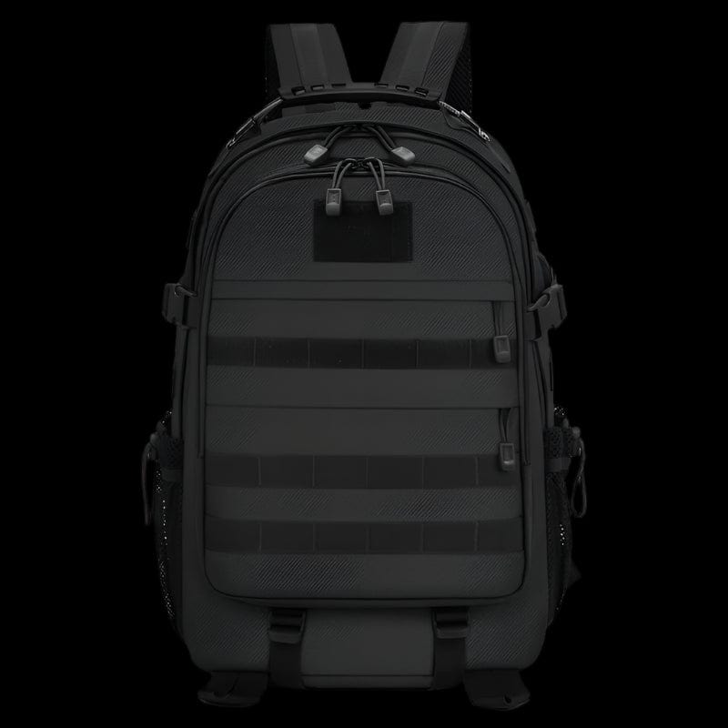 Front view of large black waterproof tactical backpack