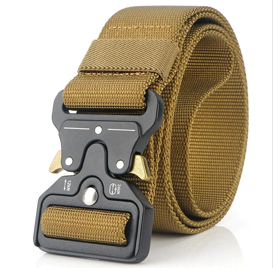 Yellow tactical belt shown on outdoor gear pack