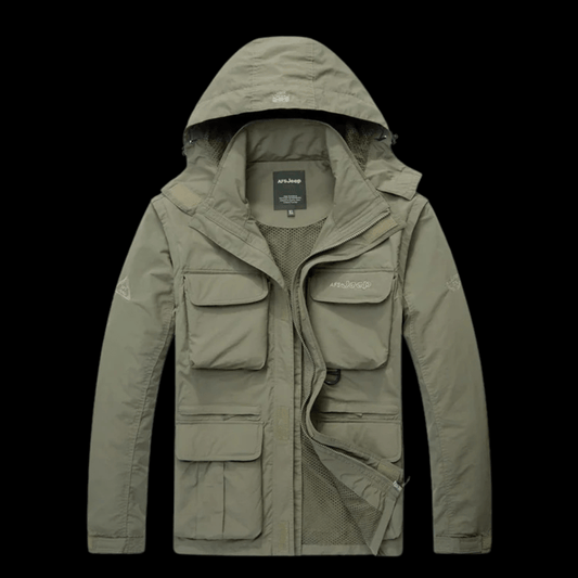 Tactical windbreaker in khaki, winter-ready gear with multiple pockets