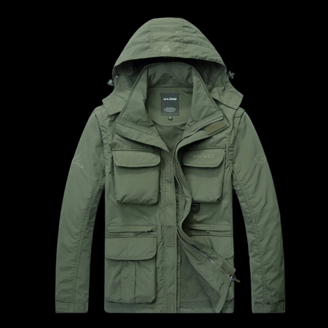 Army green tactical windbreaker, hooded nylon survival jacket