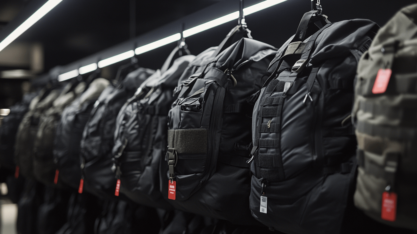 Row of black tactical backpack with red tags on hangers under bright lights.