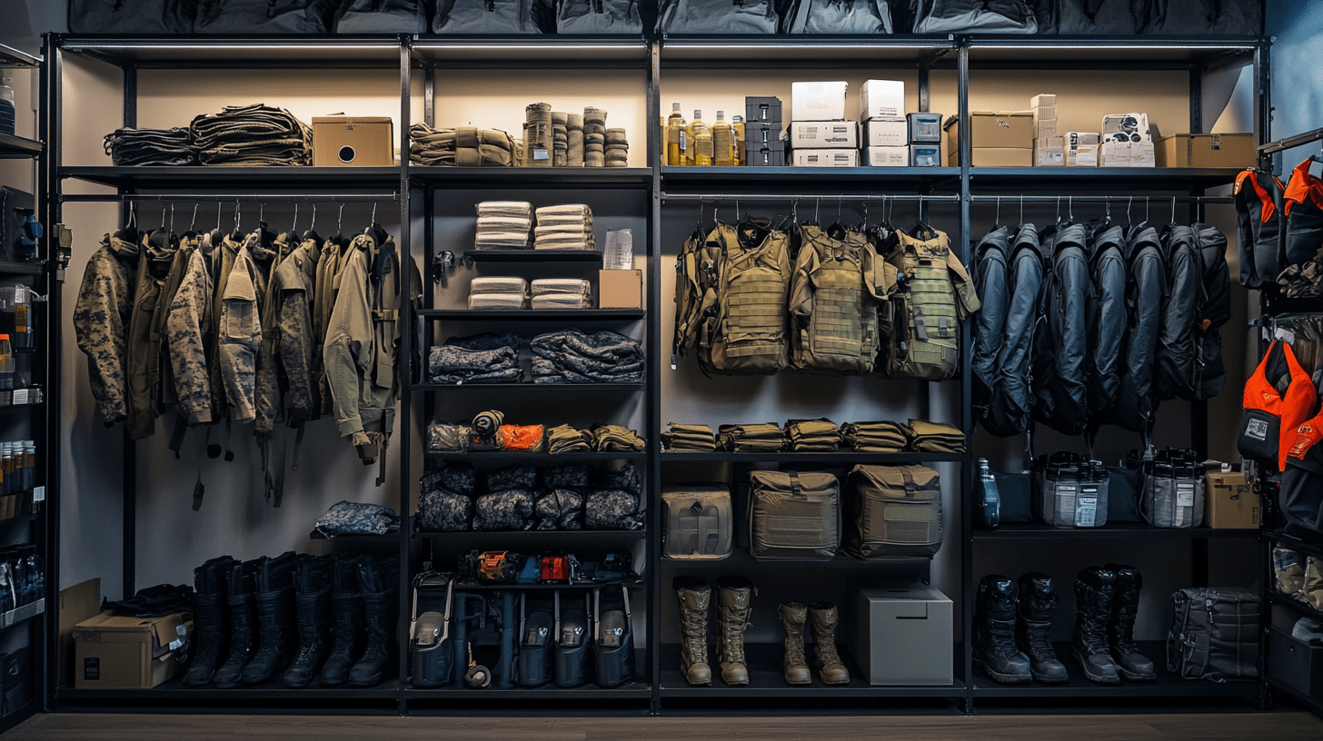 Storage room with shelves displaying various tactical gear and clothing.