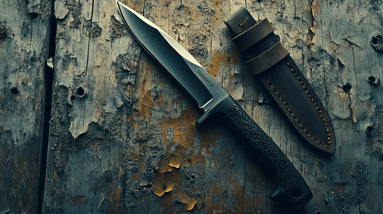 Tactical Knife with sheath on a textured wooden surface