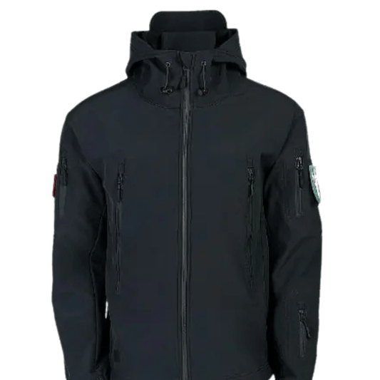 Front view of black waterproof tactical softshell jacket with zippered pockets