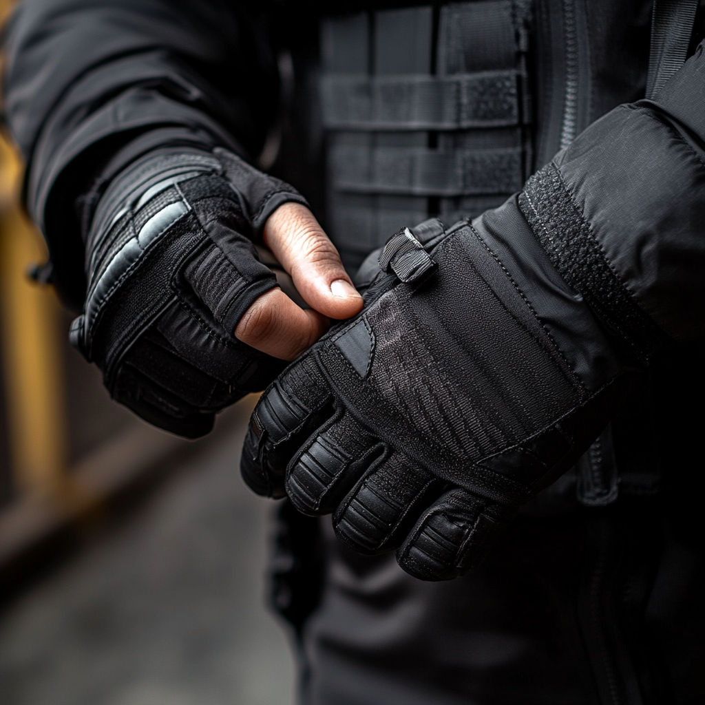 person putting on black tactical gloves