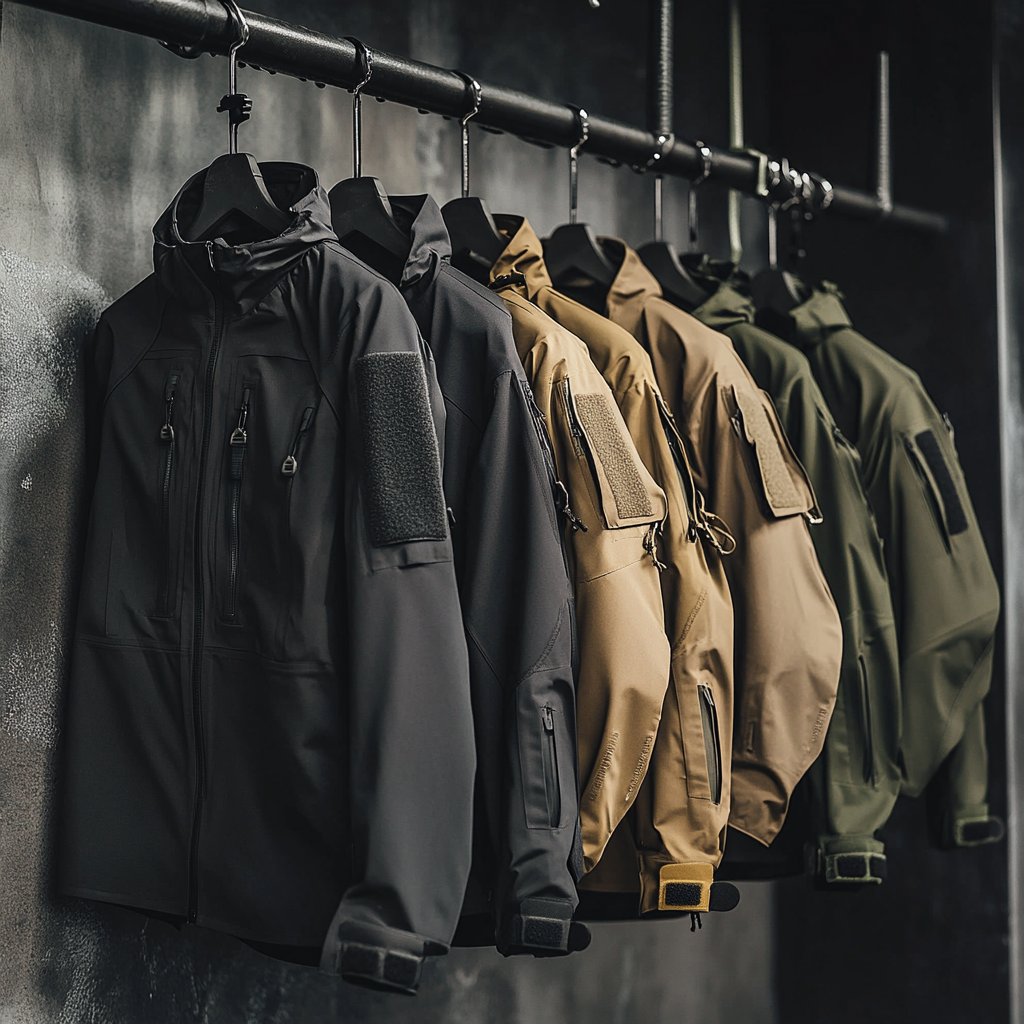  high-performance tactical jackets hanging on a clean industrial steel gear wall