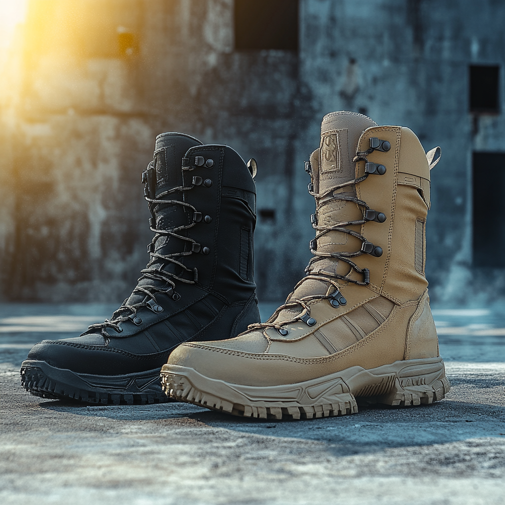 tactical combat boots standing upright on a concrete floor