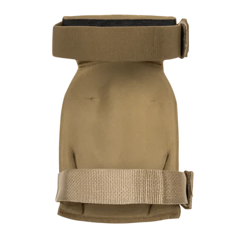 Rear view of coyote tactical knee pad with wide Velcro support straps