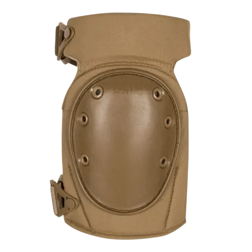 Single coyote tactical knee pad with reinforced plastic cap and strap hooks