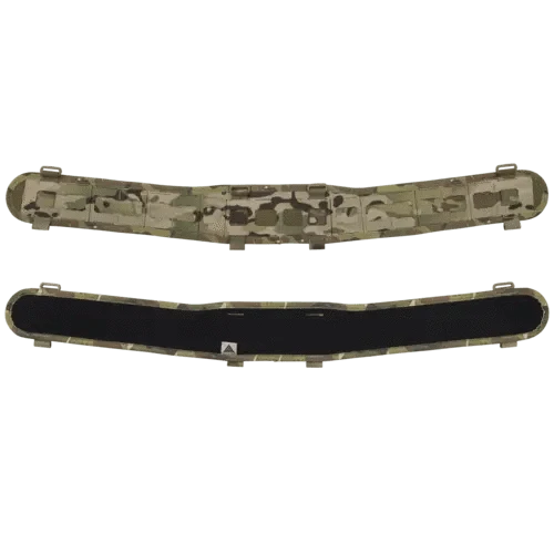 Multicam tactical belt sleeve with MOLLE laser cuts and slim padded core