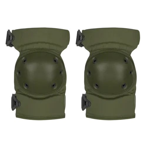Olive green tactical knee pads with hard caps and dual-strap closure