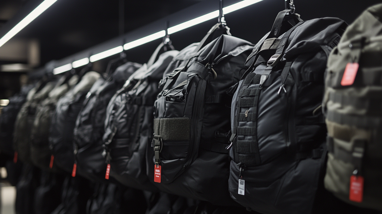 Row_of_identical_black_tactical_backpacks_mounted