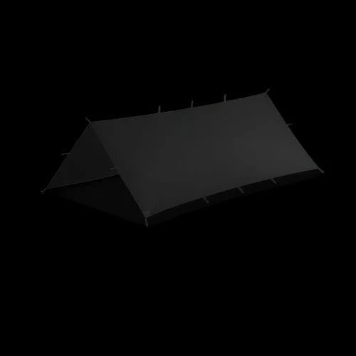 Compact black tactical tarp in classic ridge line configuration