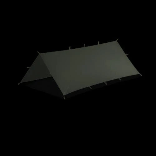 Olive green camo tarp folded into symmetrical A-frame shelter