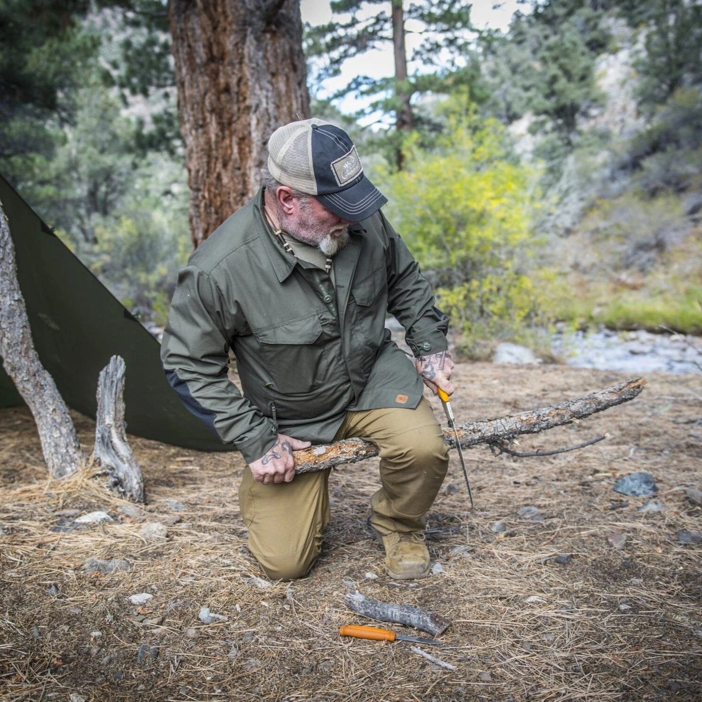 Heavy-duty seam reinforcement on military-grade tarp fabric
