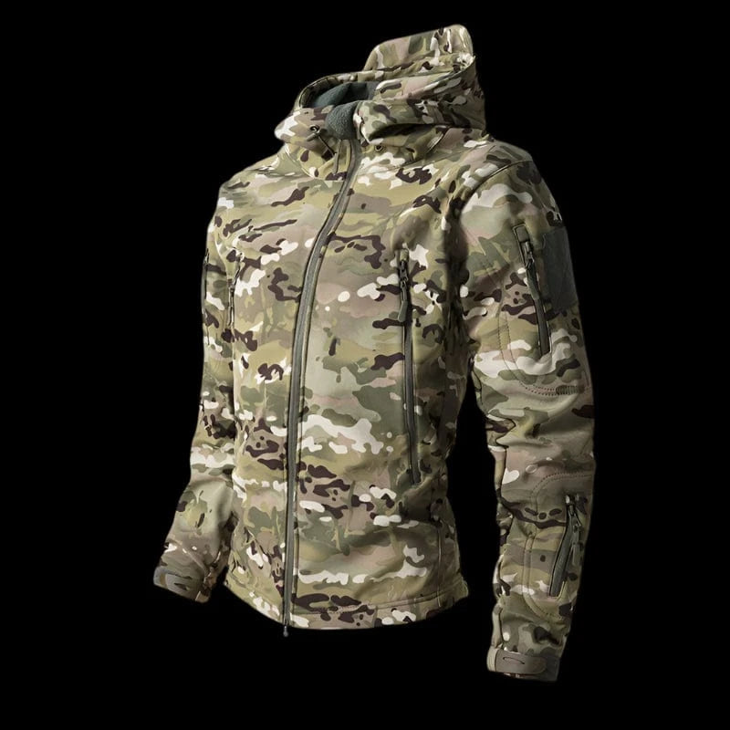 LURKSKIN TACTICAL SOFT SHELL – Waterproof Fleece-Lined Combat Jacket with Camo Hood