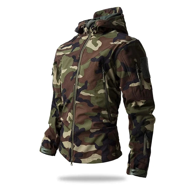 LURKSKIN TACTICAL SOFT SHELL – Waterproof Fleece-Lined Combat Jacket with Camo Hood