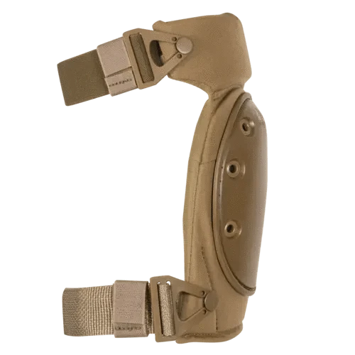 Side view of coyote tactical knee pad showing curved profile and buckle straps