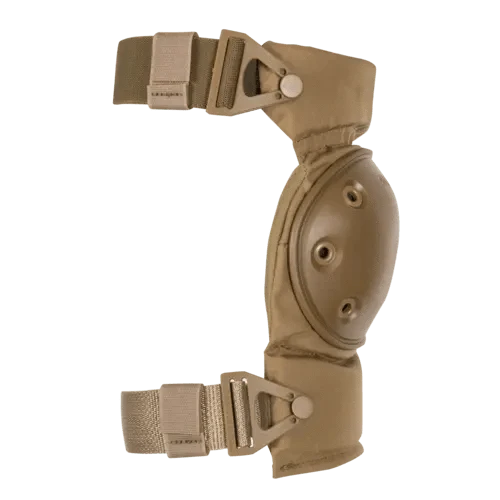 Side view of tan tactical knee pad showing double-strap attachment