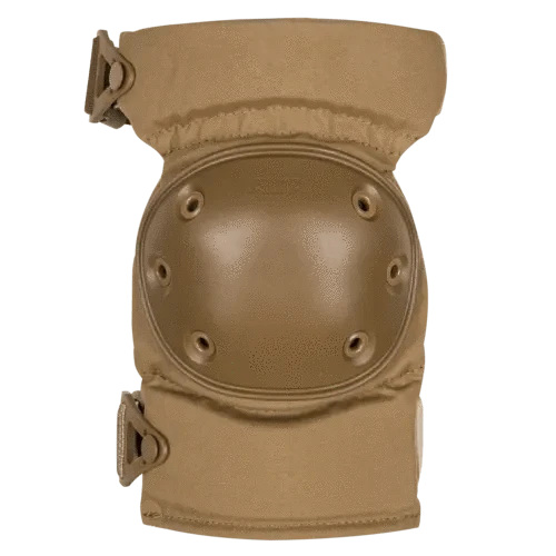 Single tan tactical knee pad with contoured protective shell

