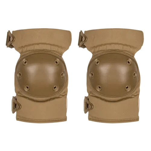 Tan tactical knee pads with molded shells and durable padded straps