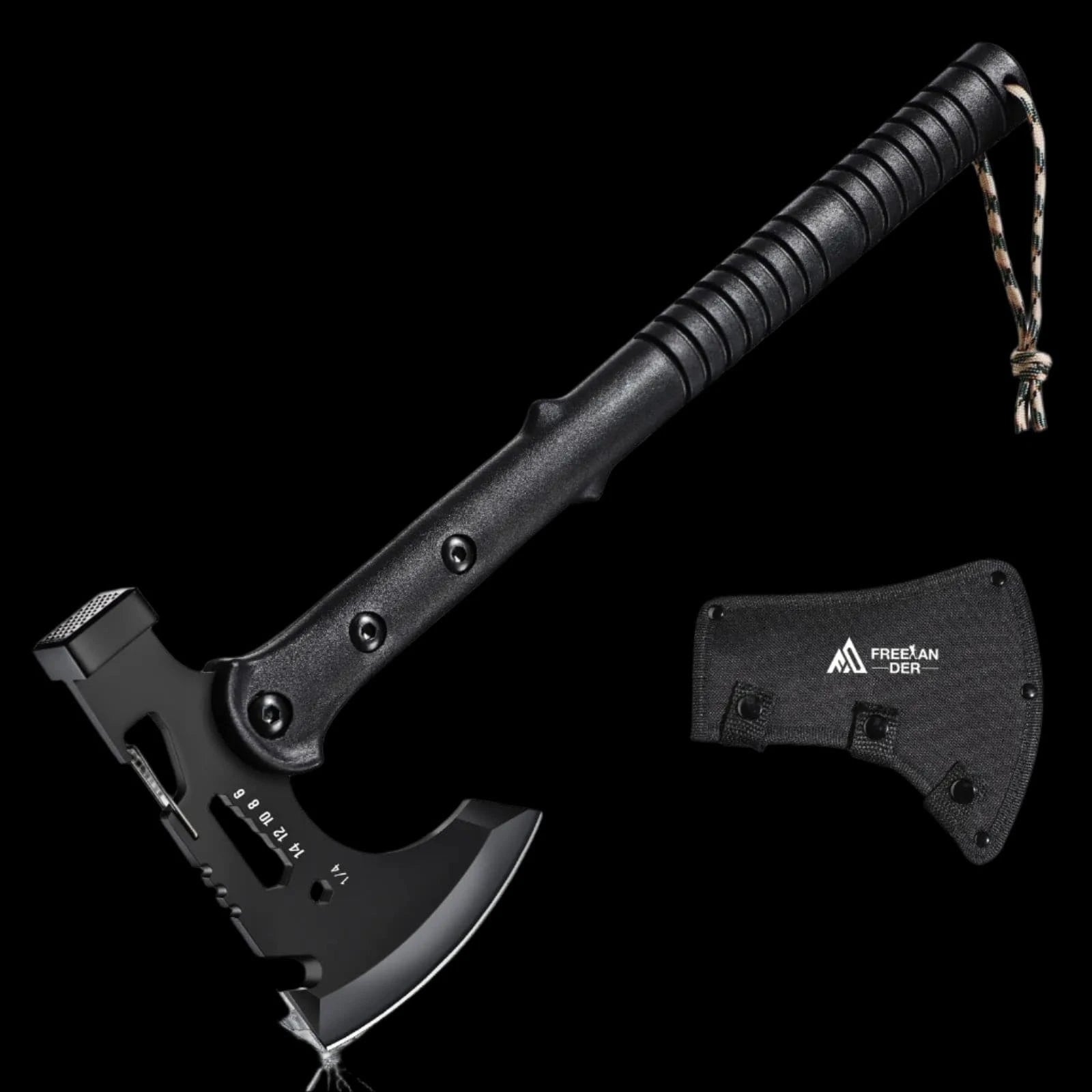 Freelander tactical tomahawk with sheath, black survival axe with hammer and bottle opener