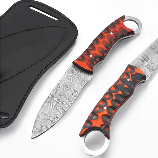 BLACKTOOTH S1 Damascus Bushcraft Knife with Leather Sheath
