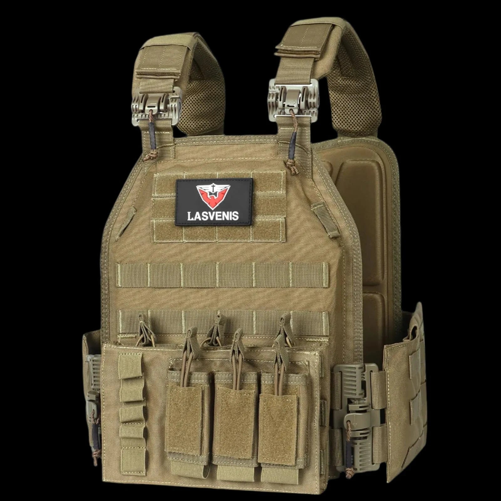 Front view of LASVENIS tan tactical quick release vest
