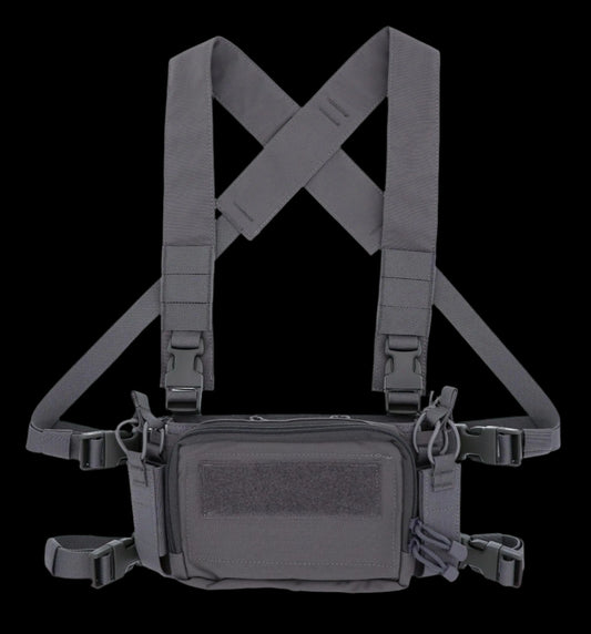 OAREA tactical chest rig front view, showing mag pouches and camo pattern