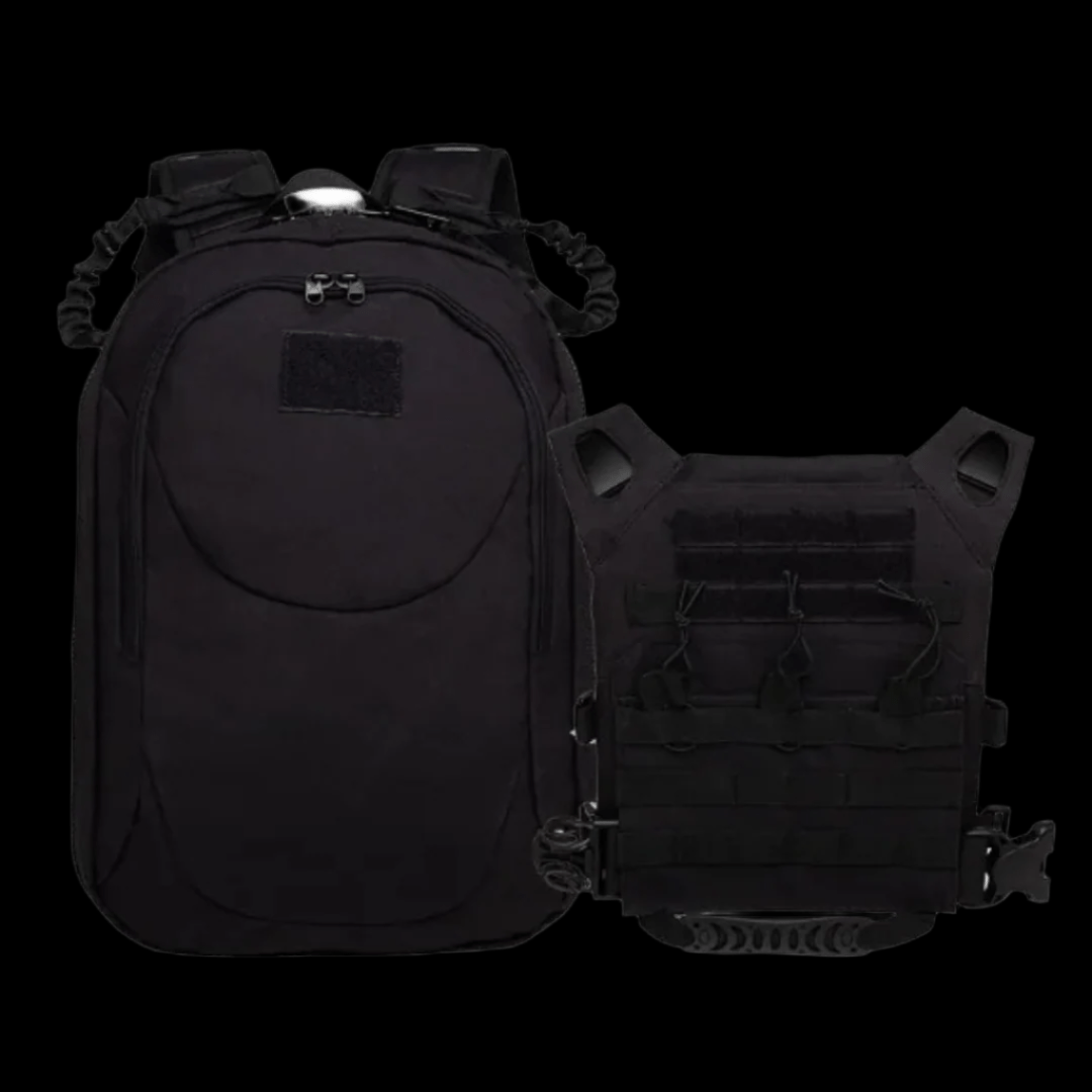 Black tactical backpack vest for outdoor and survival missions