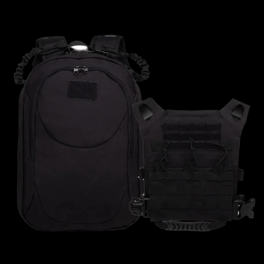 Black tactical backpack vest for outdoor and survival missions
