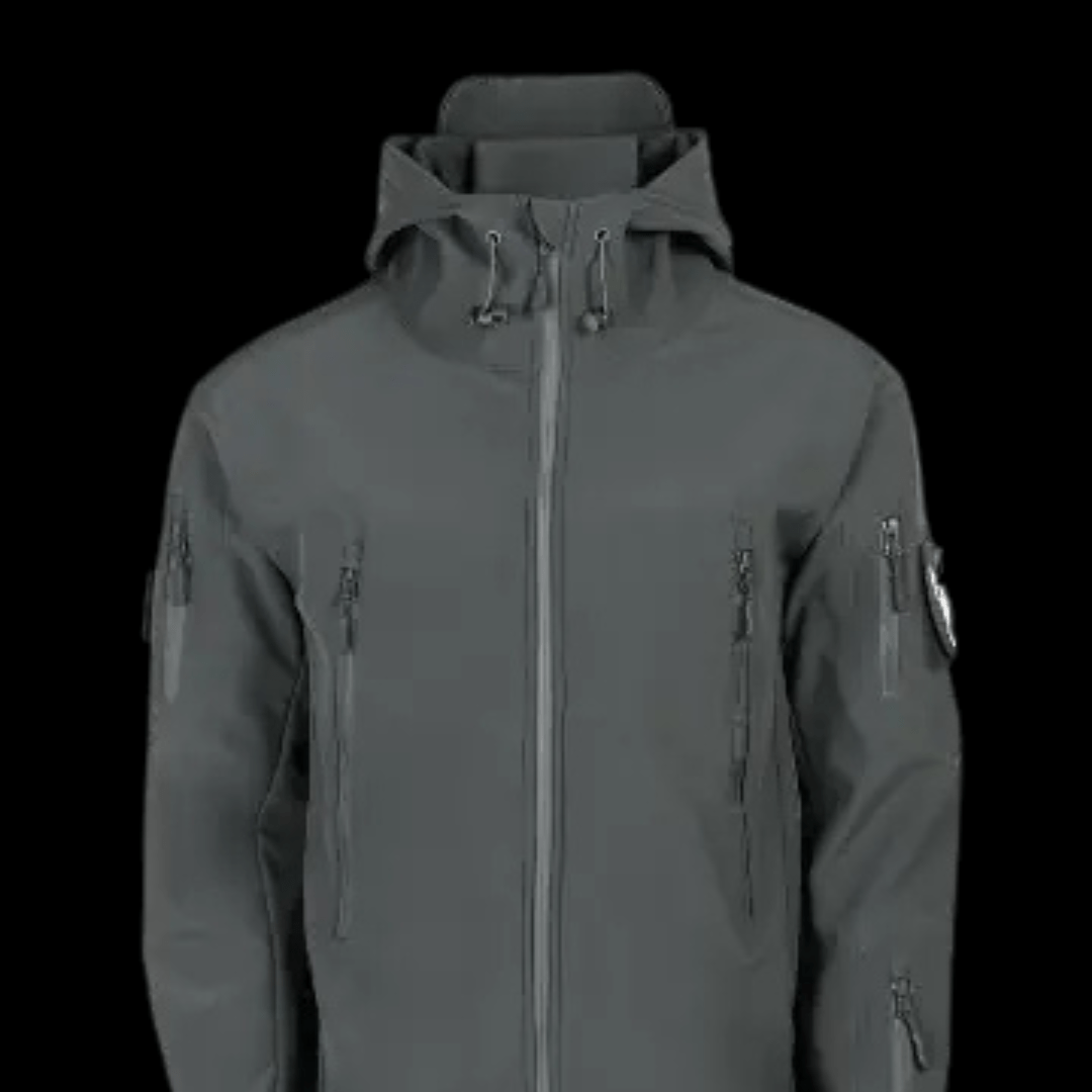 Front view of gray Shark TAD tactical jacket with hood and arm patch